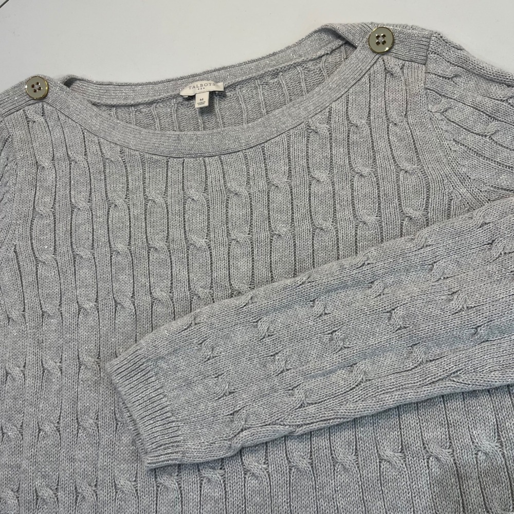 Talbots Cable Knit Sweater Womens M Grey Silver Metallic Button Shoulder Holiday